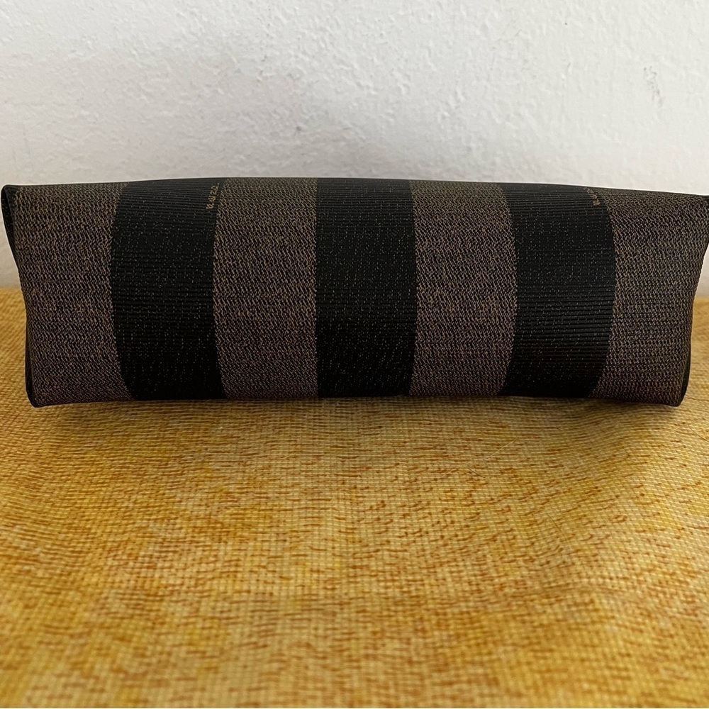 FENDI Pecan Striped Canvas Pouch Black Brown Gold COA 1980s Italy - Picture 5 of 17
